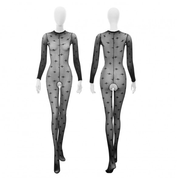 FEE ET MOI - Open-Crotch Jacquard Bodystocking (Black)